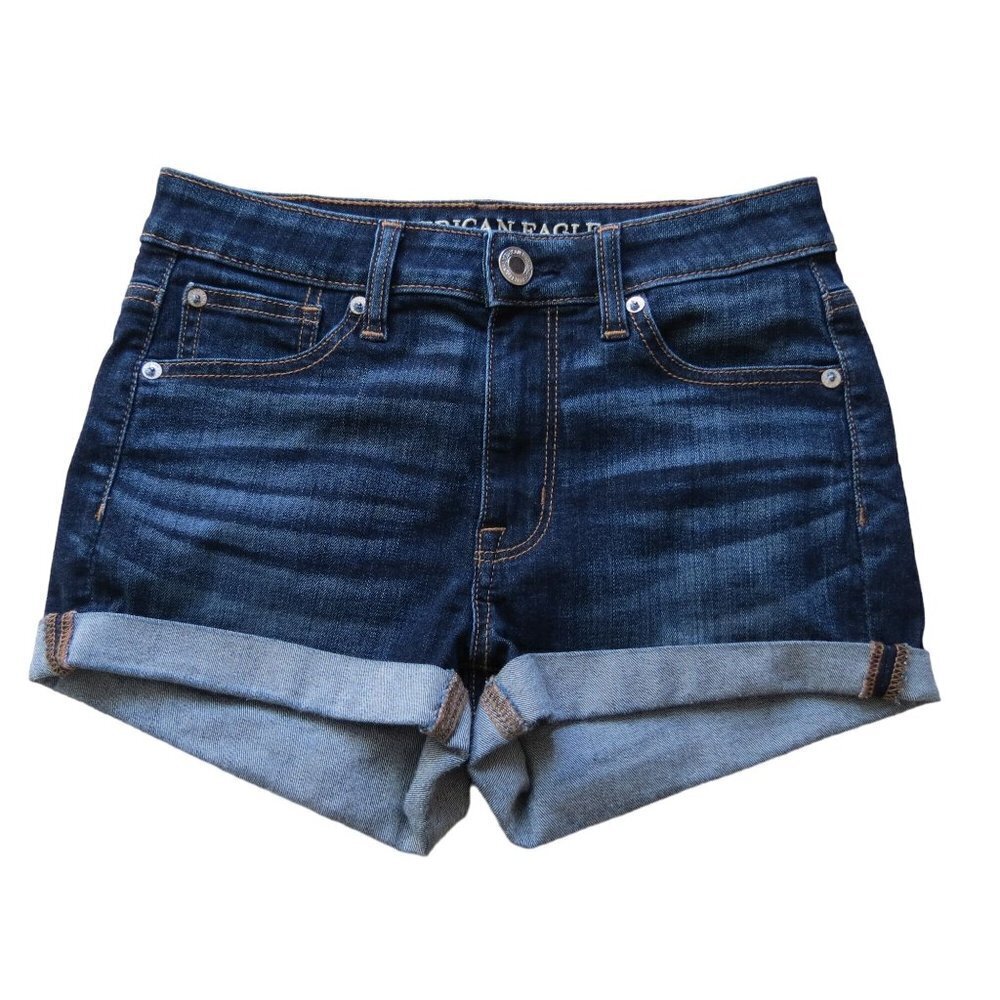 AMERICAN EAGLE Women's Dark Wash Super Stretch Cuffed Hi-Rise Shortie Shorts 2